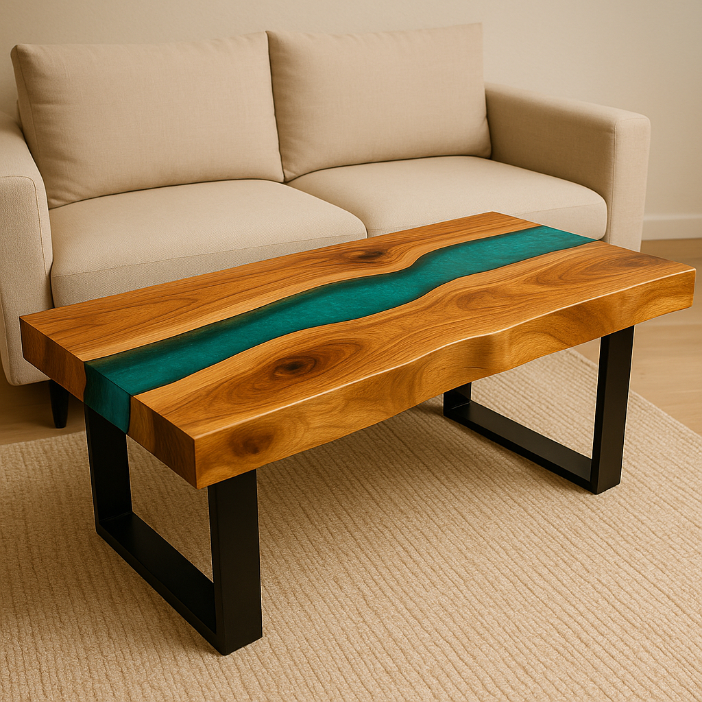 Home Mesa de centro de madera con resina turquesa en diseño de río, elaborada en guanacaste artesanal.